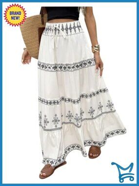 Boho A-Line High Waisted Flowy Maxi Skirt Summer Vacation Outfit